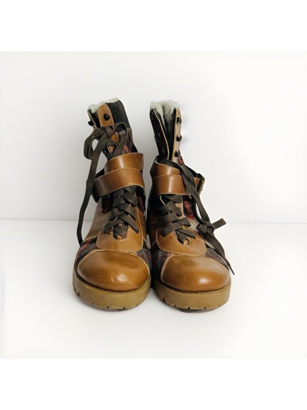 Nine West Boots Women’s 11 Sherpa Lined Brown Leather & Plaid Lace Up/Buckle
